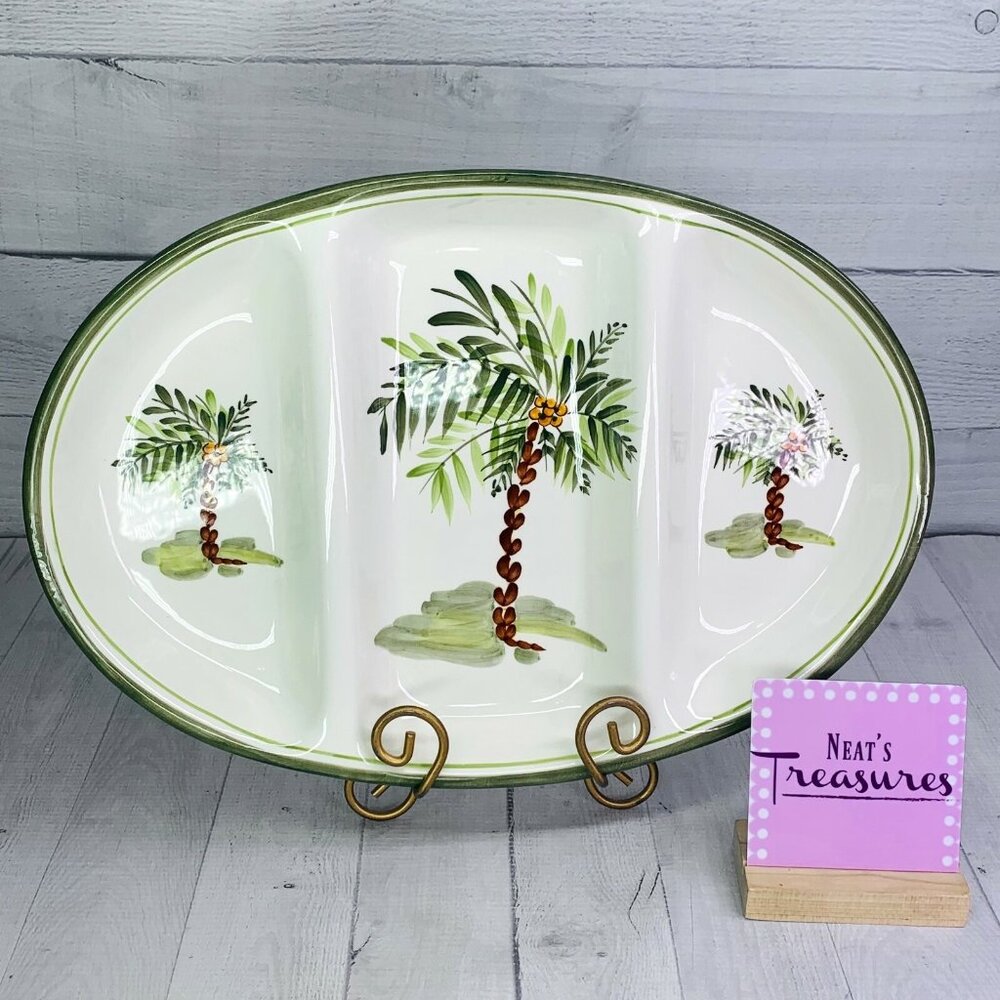 Gibson Designs PALM COURT Stoneware Green Trim 3 Part Oval Divided Server Dish